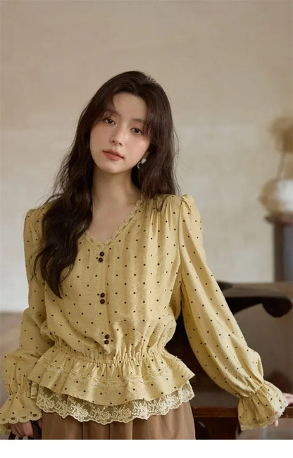Autumn Yellow Polka Dot Linen Blouse 2025 Autumn Lace V-neck Commuter Top Flare Sleeve Elastic Waist Shirts MXE42X1975