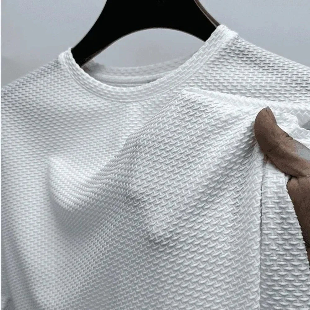 Men Ice Silk Bamboo Mesh T-shirt Summer Elastic Short Sleeve Round Neck Tees Casual Slim Fit Basic Tops Trendy Male Daily Streetwear Shirts