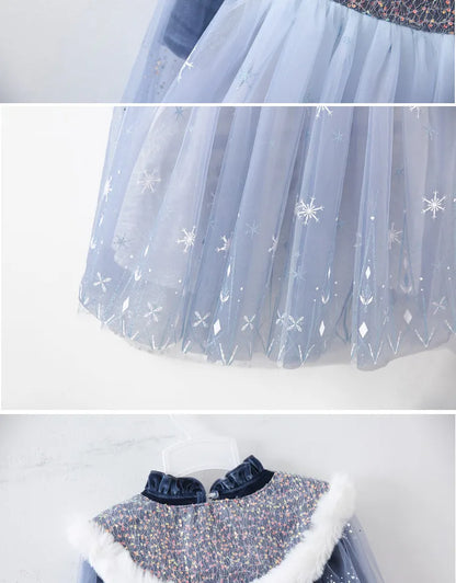 Girls' Spring 2026 New Velvet Elsa Frozen Princess Dress Kids Blue Cape 2 Piece Set Warm Dresses For Girl Party 3-9 Years Old ﻿