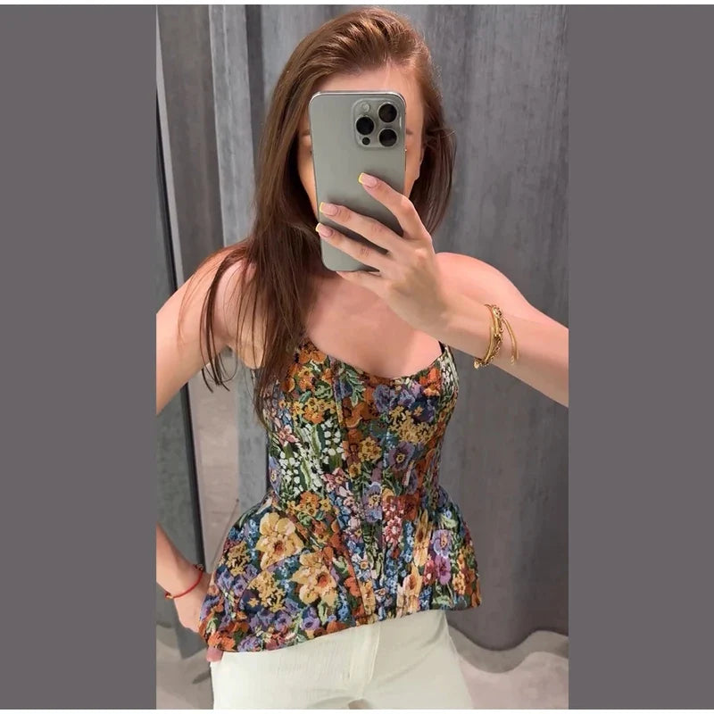 Sexy Print Sling Fishbone Corsets Women Backless Zipper Sleeveless Slim Tops Female 2026 Summer New Chic Evening Party Tanks