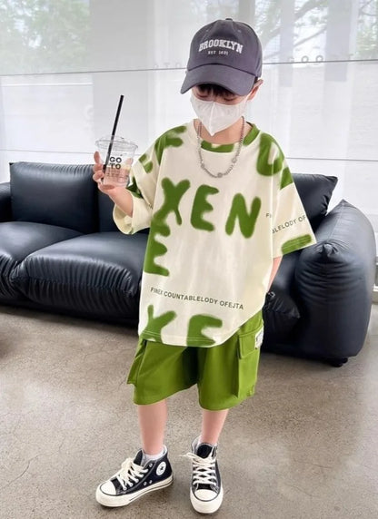 Printed Short Sleeve Children's Boy's Clothing Summer Suit Set Tees Tracksuit T-shirts Boy´s Elementary Student Men's Clothes