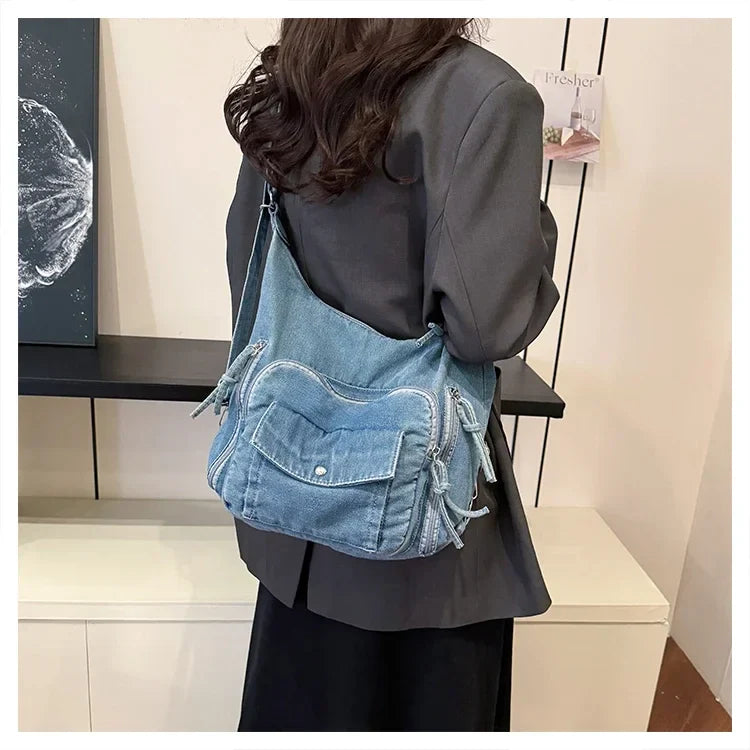 Solid Color Denim Trendy Shoulder Bag for 2025 High Quality Fashion Zipper Large Capacity Versatile Women's Crossbody Bag