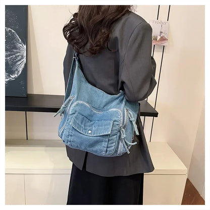 Solid Color Denim Trendy Shoulder Bag for 2025 High Quality Fashion Zipper Large Capacity Versatile Women's Crossbody Bag