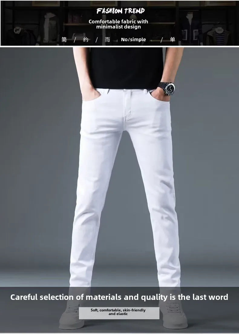 Korean Man Designer Clothes 2025 White Jeans Men Spring Autumn Printed Students Slim Stretch Pencil Pants Workwear Long Trousers
