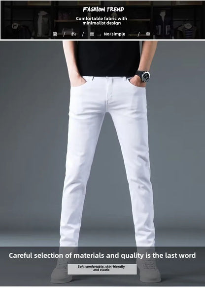 Korean Man Designer Clothes 2025 White Jeans Men Spring Autumn Printed Students Slim Stretch Pencil Pants Workwear Long Trousers