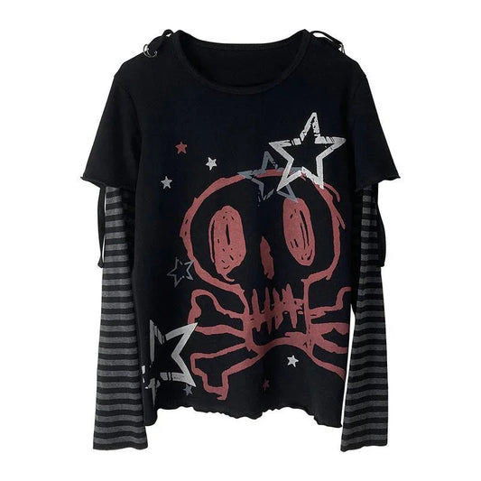 Grunge Y2k Aesthetic T-shirt Emo Scene Skull Dark Graphic Long Sleeve T Shirt Women Punk Cartoon Harajuku Tee Kawaii Top