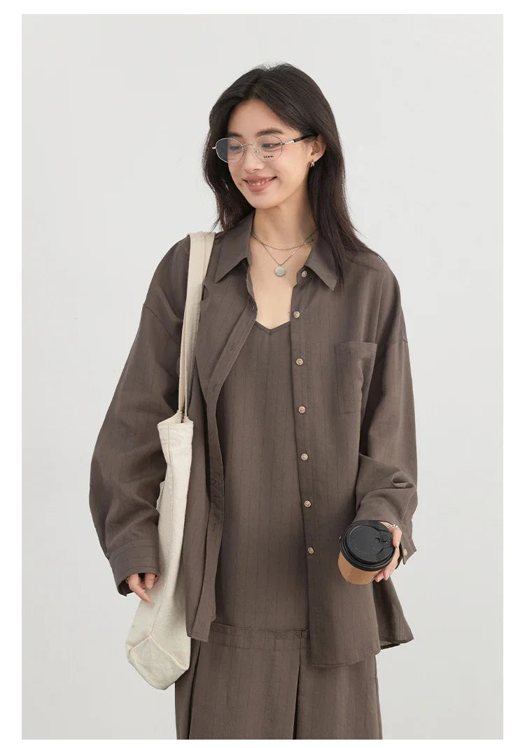 Women Dress Sets Stripe Shirt Loose Casual Long Sleeve Sunscreen Blouses Camisole V-neck Dresses Spring Autumn 2025