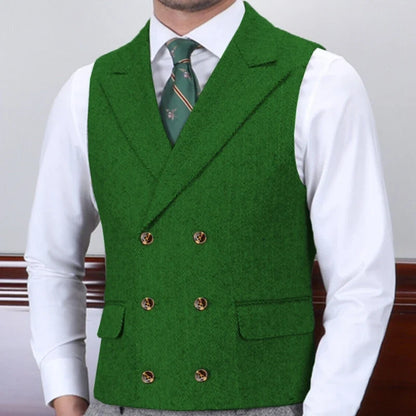 Men Vest Gray Herringbone With Lapel Double Button Waistcoat For Wedding Business Banquet Work Daily Casual Men Suit Vest