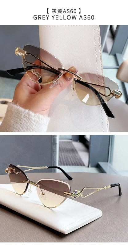 Rimless Cut Edge Cat Eye Sunglasses Gem Inlay Hollow Metal Temple UV400 Gradient Lens Shades for Women Daily Outdoor Sun Glasses