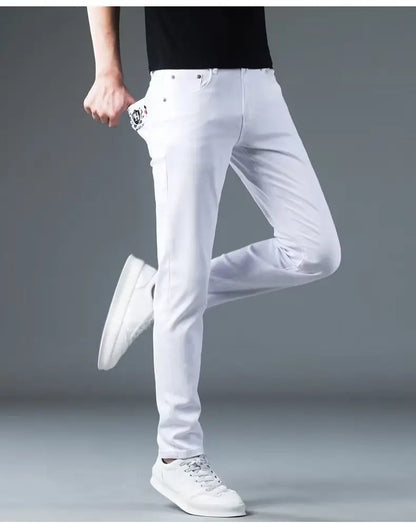 Korean Man Designer Clothes 2025 White Jeans Men Spring Autumn Printed Students Slim Stretch Pencil Pants Workwear Long Trousers