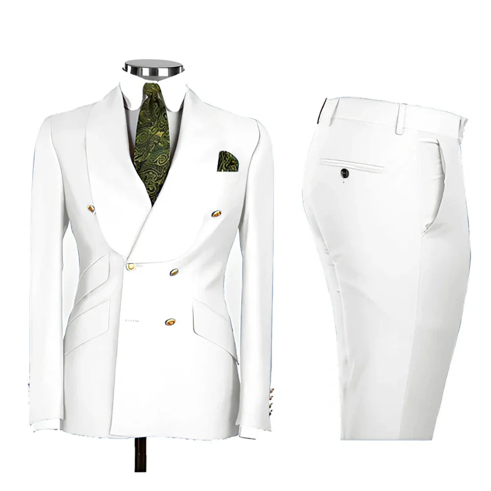 Lvory Shawl Lapel 2 Piece Suit Double Breasted Men's Jacket Pants with Gold Buttons Formal Wedding Groom Attire Prom Tuxedos