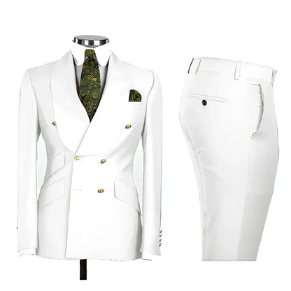 Lvory Shawl Lapel 2 Piece Suit Double Breasted Men's Jacket Pants with Gold Buttons Formal Wedding Groom Attire Prom Tuxedos