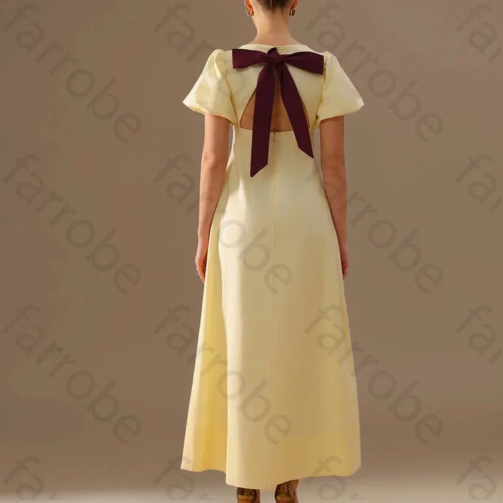 Customize Boat Neck Dress with Puff Sleeves and Back Bow Evening Dresses Formal Exquisite High Quality Prom Party Gown for Women