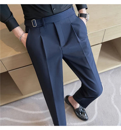 2026 Texture Naples Men's Solid Color Casual Pants Fashion Belt Design Slim Fit Suit Pants Formal Wear Wedding Social Trousers