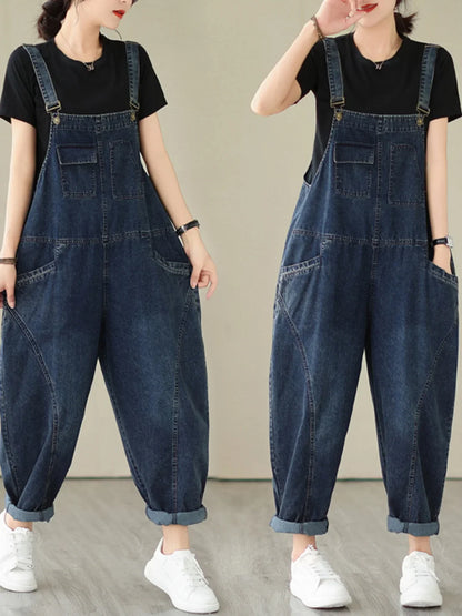 Fall Women's Loose Jeans Overalls Deep Blue High Waist Design Sensation plus Size Faion plus Size Women's Loose Slimming