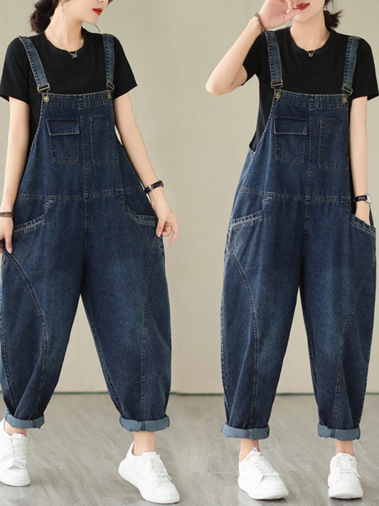 Fall Women's Loose Jeans Overalls Deep Blue High Waist Design Sensation plus Size Faion plus Size Women's Loose Slimming