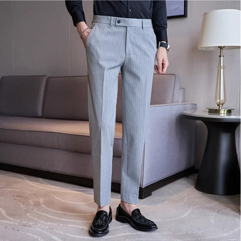 New Korean Style Fashion Striped Embroidery Suit Pants Men's Business Slim Casual Straight Pants Formal Wedding Party Trousers