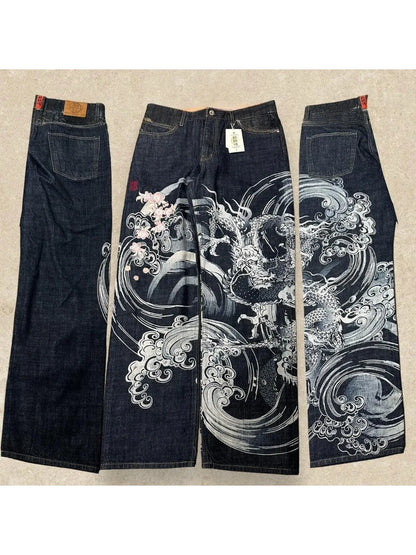 Japanese Harajuku Jeans Mens New Dragon High Quality Jeans Gothic Y2K Vintage Hip Hop Streetwear Denim Fabric Wide Leg Pants