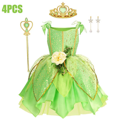 Child Girl Bell Costume Halloween Costume for Kids Green Dress Fancy Fairy Princess Cosplay Carnival Party Ball Gowns with Wing
