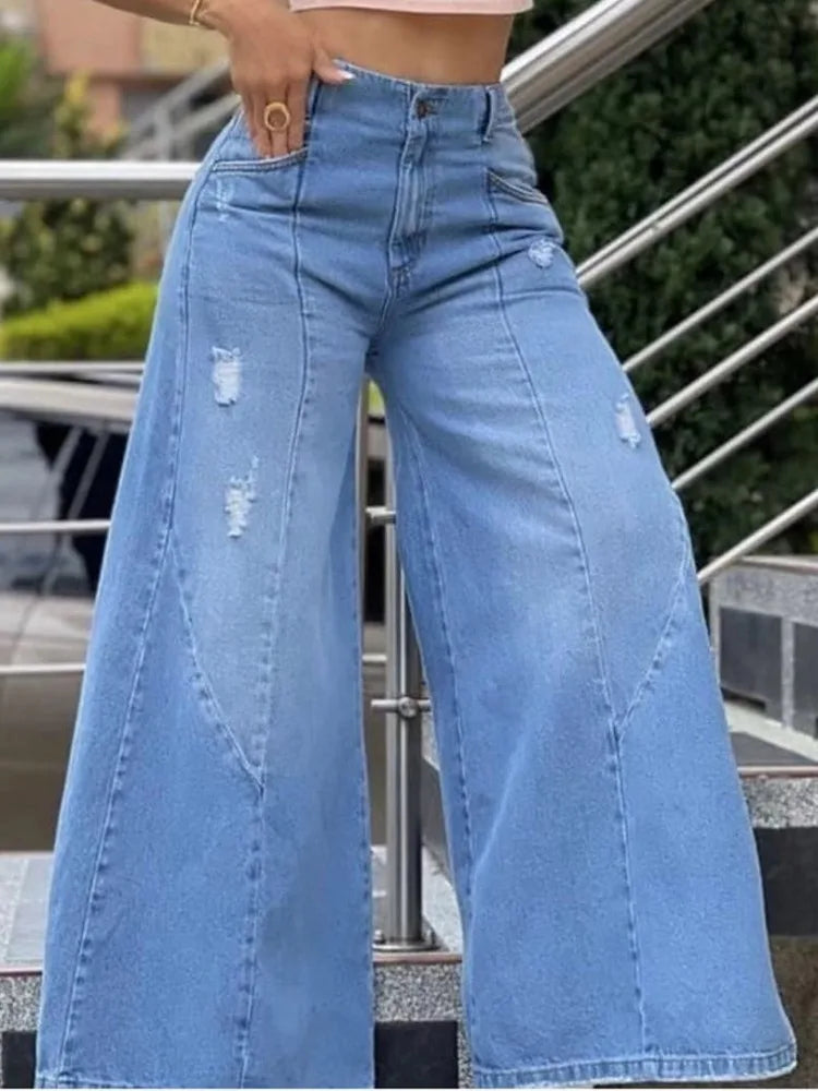 Women's High Waist Holed Wide Legged Pants Fashionable Washed Blue Micro Flared Jeans Loose and Versatile Floor Dragging Pants