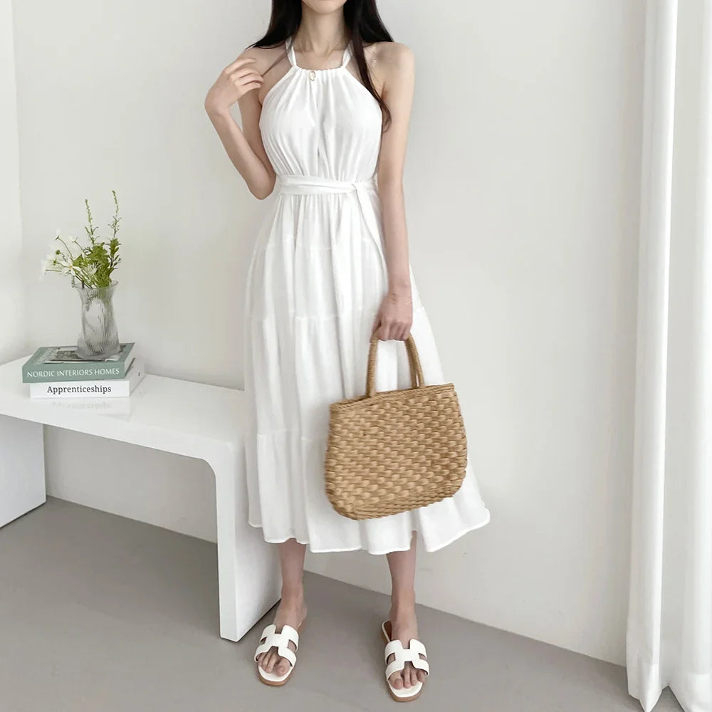 Korean Style Summer Slimming Necktie Waist Cinched Sleeveless Vest Long Dress Women's Fashionable Commute Style Inner Wear