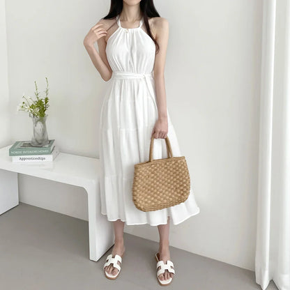 Korean Style Summer Slimming Necktie Waist Cinched Sleeveless Vest Long Dress Women's Fashionable Commute Style Inner Wear