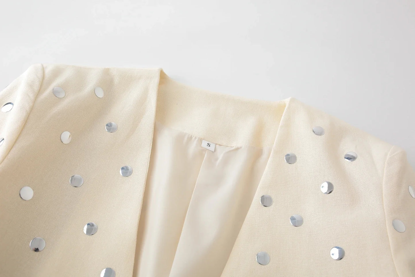 Women's Rivet Decoration Casual Blazer Long Sleeve V Neck Beige Spring Fall Coat