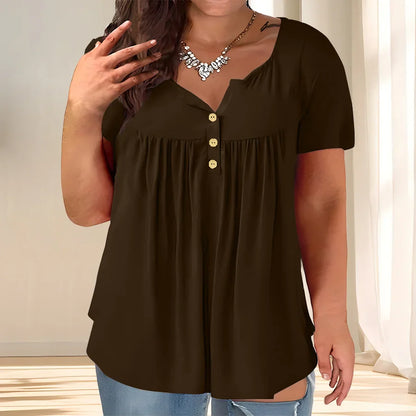 Solid Color Button Front Tee, Casual Fashion Short Sleeve Scoop Neck T-shirt for Summer