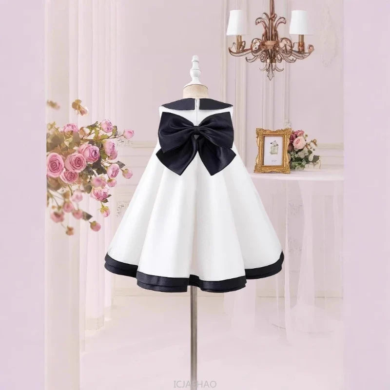 Party Dress Costumes Korean Style Girls Tulle First Birthday Dresses Children Black Bow  Collar Kids Flower Girl Gown Clothes