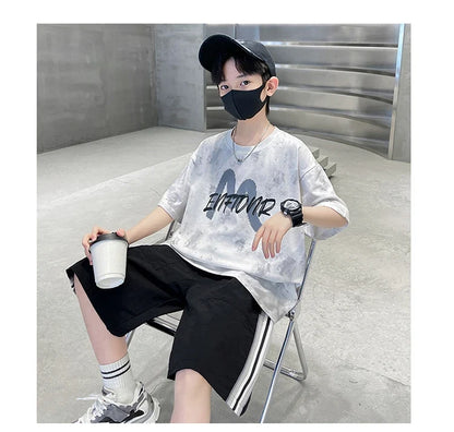 New Casual Boys Cotton Top summer Bottoms Clothes Set for Teenager Child Fashion Outfit Kids T-shirt Shorts Two Pieces Clothing
