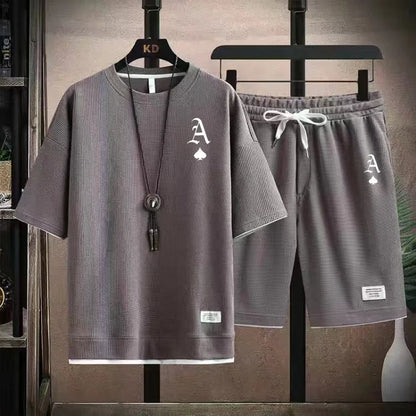 Fashionable casual men's sports suit short-sleeved T-shirt and outdoor summer sports shorts two-piece set daily casual