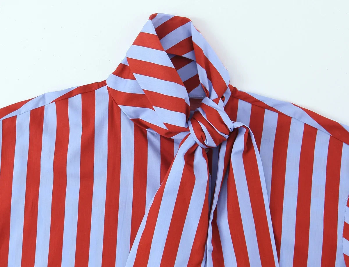 2026 New Women's Striped Shirt With Bow Tie Long Sleeve Loose Casual Blouse Female Fashion Tops