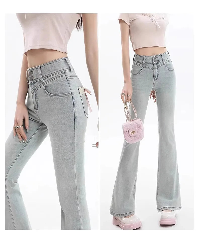 High Waist Bell Bot Denim Jeans Women's Light Color Peach Butt Design Slimming Fitted Floor Length  Hoof Pants