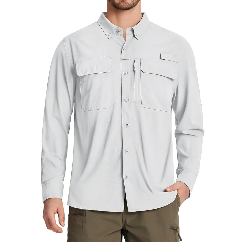 UPF 50+ Sun Protection Fishing Shirts Men's Quick Dry Long Sleeve Shirts Mesh Breathable Hiking Work Cargo Shirts