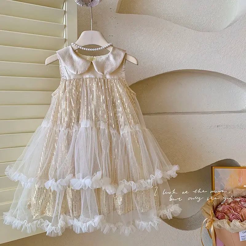 Sweet Baby Girls High-end 2026 New Summer Mesh Princess Sundress Kids Exquisite Sequin Doll Collar Tulle Ruffle Cake Formal Gown
