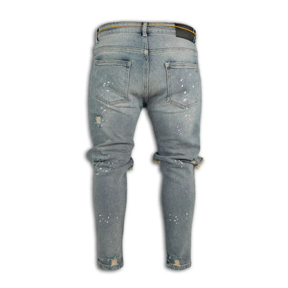 Men Long Jeans Pants Denim Pencil Pant Hole Splice Simple Slim Fit Zipper Lace Up Tight Waist Straight Trousers Autumn
