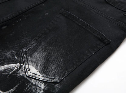 2026 Men's Blue 3D Printing Jeans, Black Wolf Pattern Printed Punk Straight Cotton Casual Print Denim Pants Asian Size 28-42