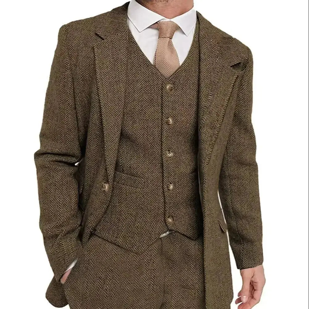 Men 3 Pieces Brown Herringbone Suit Formal Business Tweed Groom Tuxedo for Men Business/Wedding Men's Suit Jacket Vest Pants Set