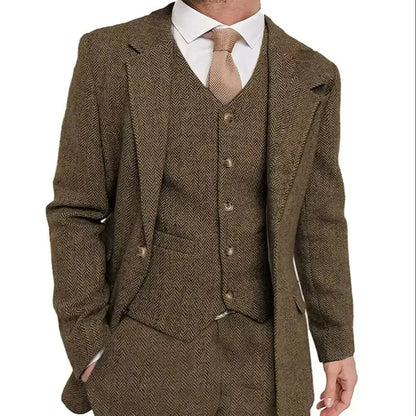 Men 3 Pieces Brown Herringbone Suit Formal Business Tweed Groom Tuxedo for Men Business/Wedding Men's Suit Jacket Vest Pants Set