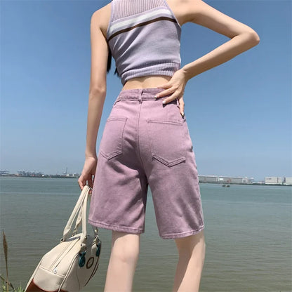 Summer New Korea Fashion Loose Women Jeans Shorts Purple Pink High Waist Straight Pockets Female Wide Short Pants