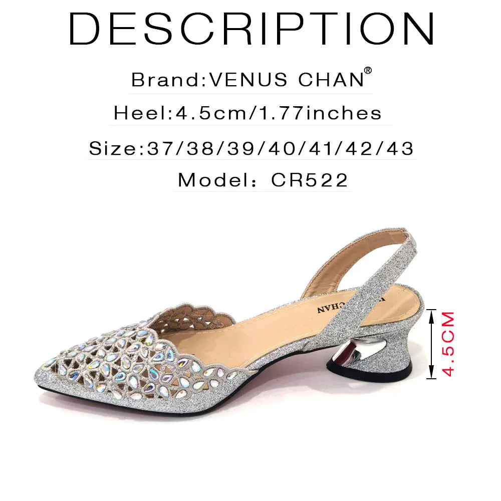 Low Heel Shoes for Women Hollowed Out Embroidery Rhinestone Italian Design Gold Color Pointed-Toe Shoes and Bags Set