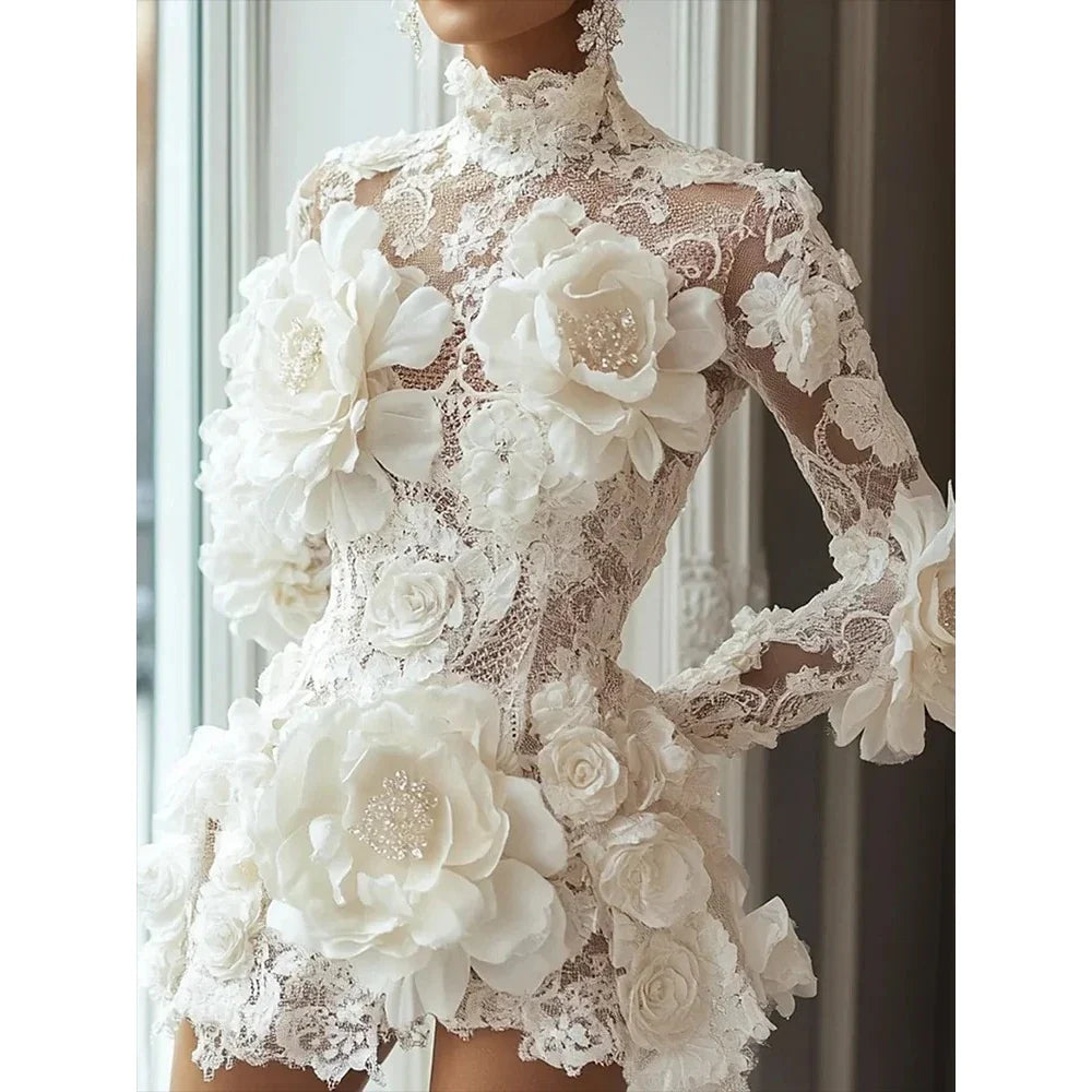 Exquisite Mini Cocktail Dresses for Woman Customized High Collar Long Sleeve Beading Flowers Luxury Prom Party Gowns 2026
