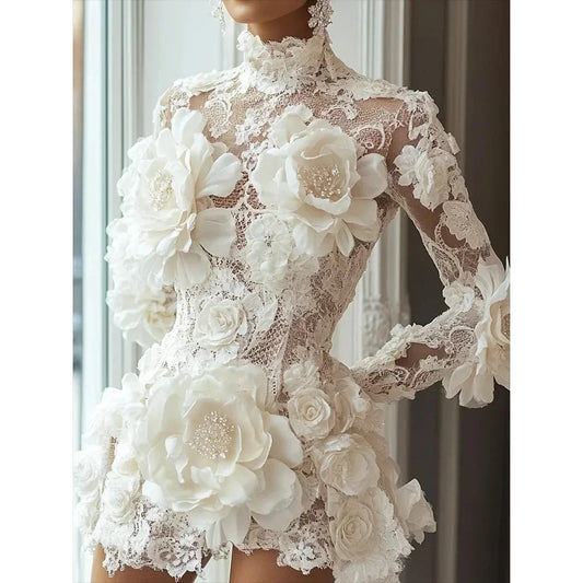 Exquisite Mini Cocktail Dresses for Woman Customized High Collar Long Sleeve Beading Flowers Luxury Prom Party Gowns 2026