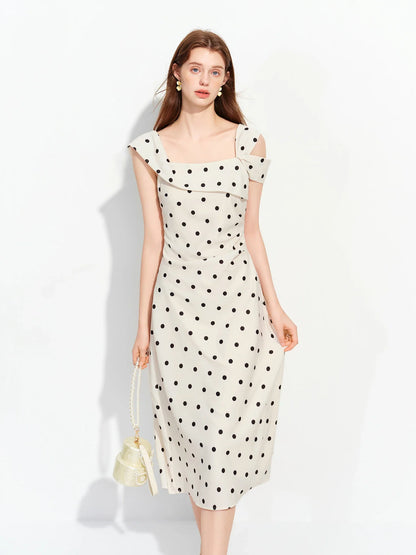 Women's 2026 Summer New French Vintage Polka Dot One-Shoulder Waist Dress Elegant High Waist A-Line Slim Fit Date Dress