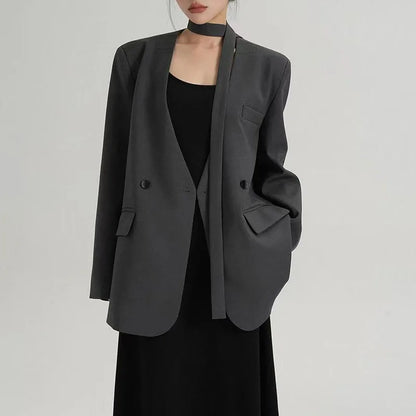Fashion Collarless Blazers Jacket Ladies Korean Streetwear Design Belt Temperament Blazer Woman Chic Long Sleeve Loose Suit Coat