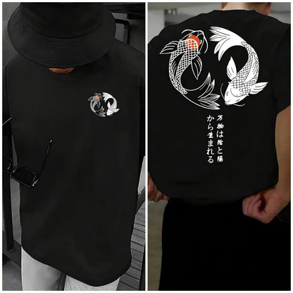 Japanese Koi Harajuku Illustration Pattern T-Shirt Men Summer Casual T Shirt Soft Fashion Short Sleeve Loose Cotton Sportswear