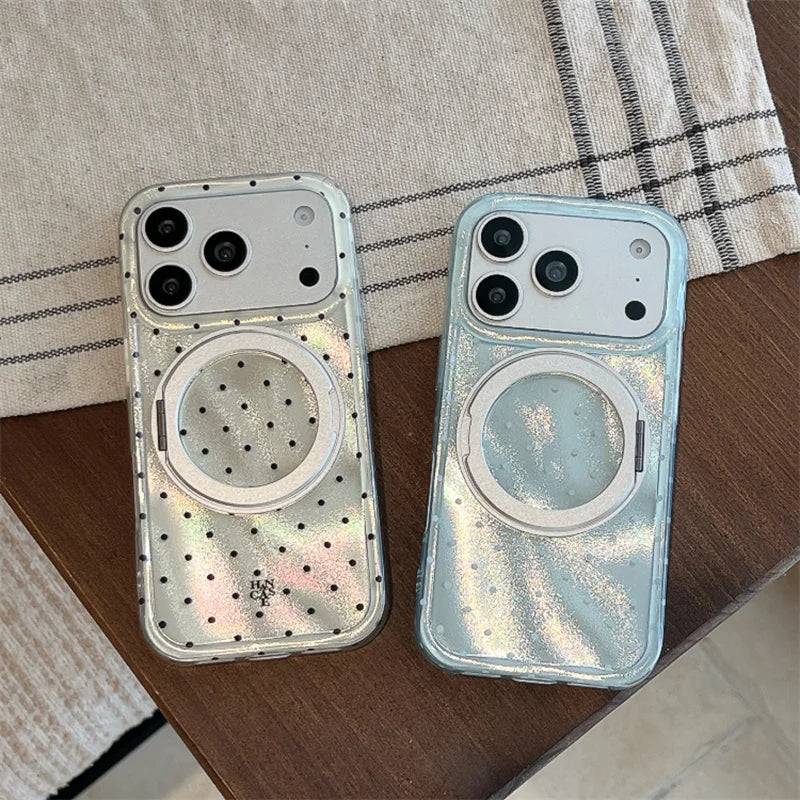 Luxury Polka Dot Ring Stand Holographic Phone Case For iPhone 15 16 17 Pro Max Shockproof Protective Cover