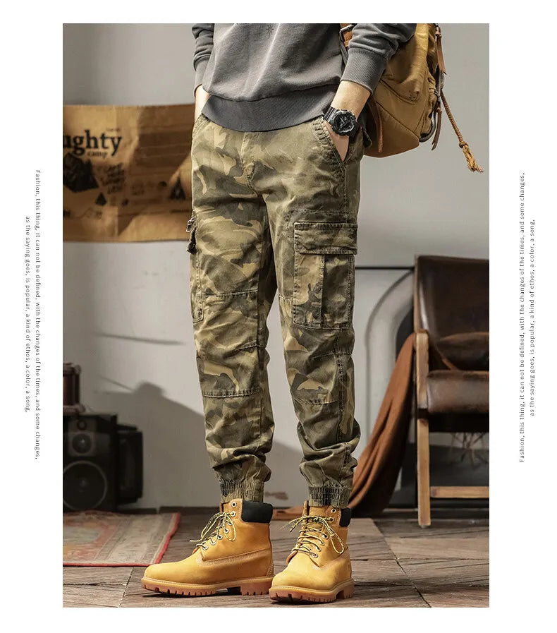 Length Men's Cargo Pant Cotton Stretch Casual Camouflage Trouser Male Camo Cuff Jogger Multi Zip Pocket Outfit Zipper Tied