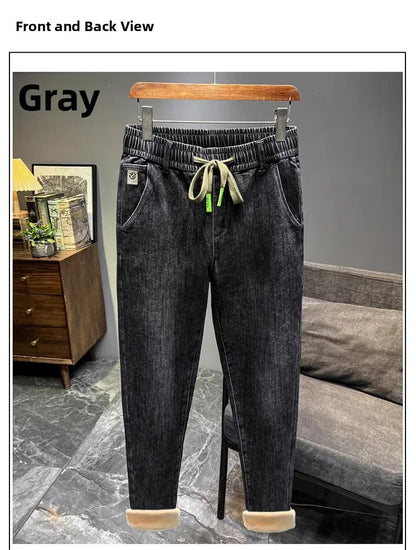 Warm Fleece Lined Elastic Waist Casual Straight Leg Men's Jeans Premium Quality Autumn Winter Thickened Stretch Denim Pants