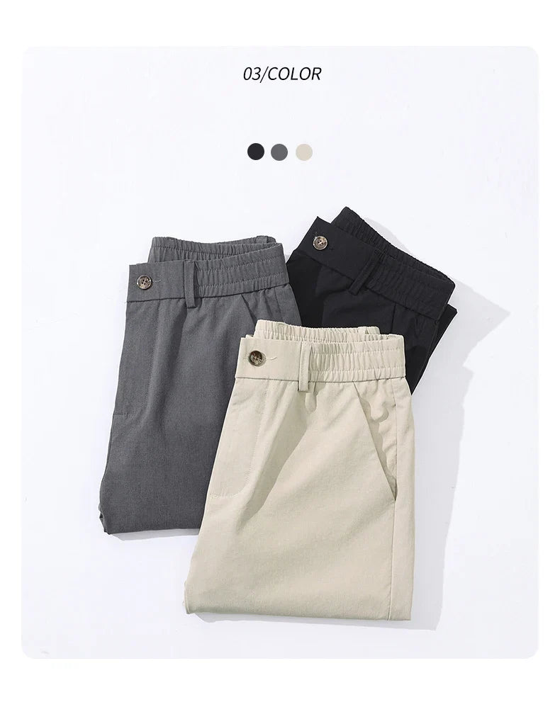 Spring Summer Thin Men's Slim Casual Pants Solid Color Elastic Waist Soft Breathable Business Straight Trousers Black Beige Gray